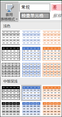 格式為表格的 Excel 樣式庫選擇