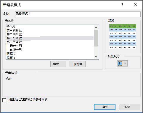 用于將自定義樣式應用于表格的新表格樣式對話框選項